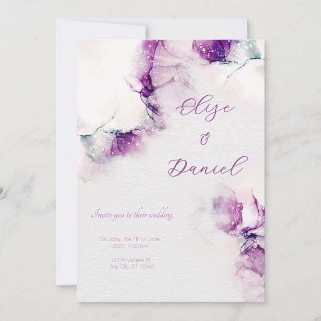 Aubergine Alcohol Ink Floral Wedding Invitation (Front)