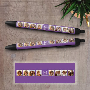 Aubergine and White Photo Collage Custom Monogram Black Ink Pen