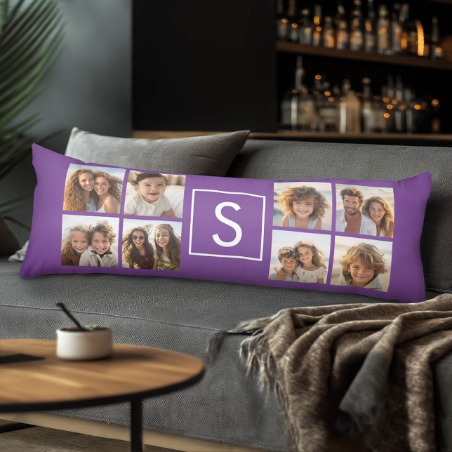 Aubergine and White Photo Collage Custom Monogram Body Cushion (Custom Photo Collage and Monogram Body Pillow)