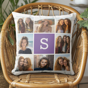 Aubergine and White Photo Collage Custom Monogram Cushion