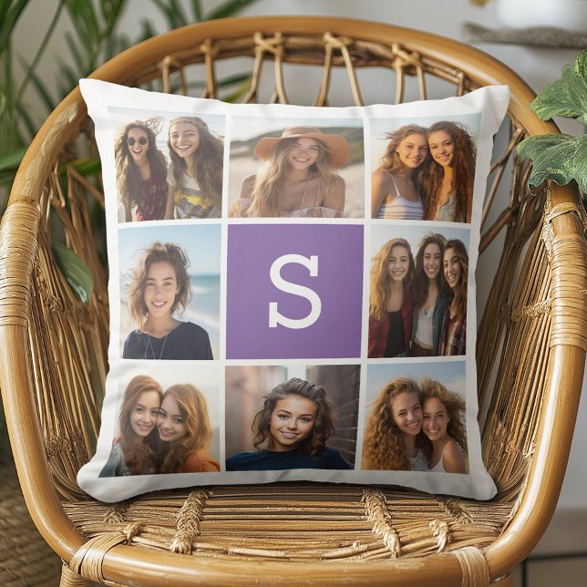 Aubergine and White Photo Collage Custom Monogram Cushion (Custom Photo Pillow - Add Your Own Pics!)