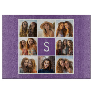 Aubergine and White Photo Collage Custom Monogram Cutting Board