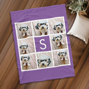 Aubergine and White Photo Collage Custom Monogram Fleece Blanket