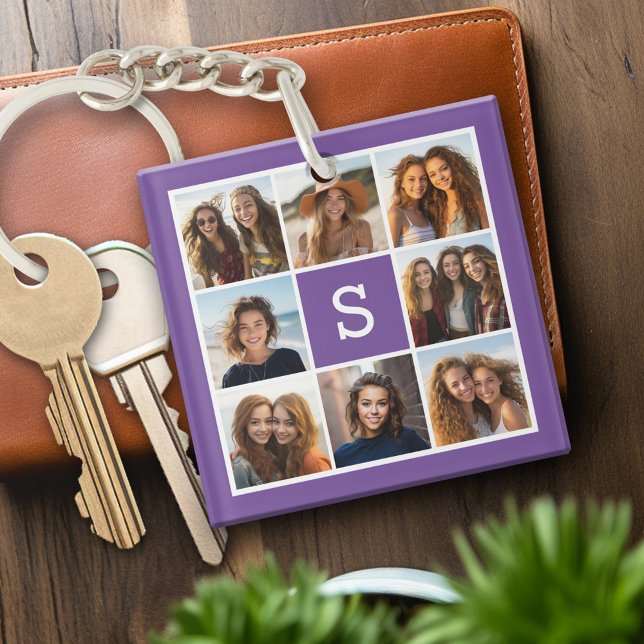 Aubergine and White Photo Collage Custom Monogram Key Ring (Personalized keychain with photo collage and monogram)