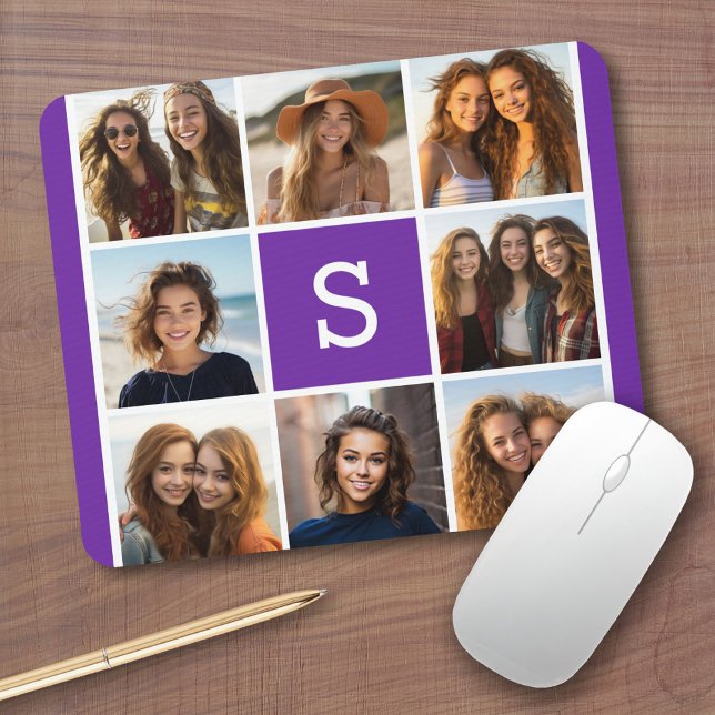 Aubergine and White Photo Collage Custom Monogram Mouse Mat (Personalized mousepad - Add Photos and Custom Text)