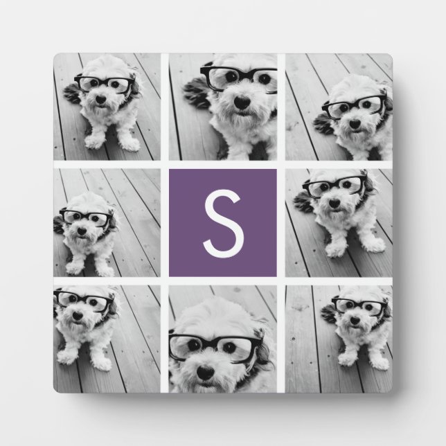 Aubergine and White Photo Collage Custom Monogram Plaque (Front)