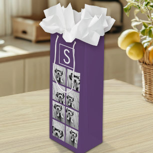 Aubergine and White Photo Collage Custom Monogram Wine Gift Bag