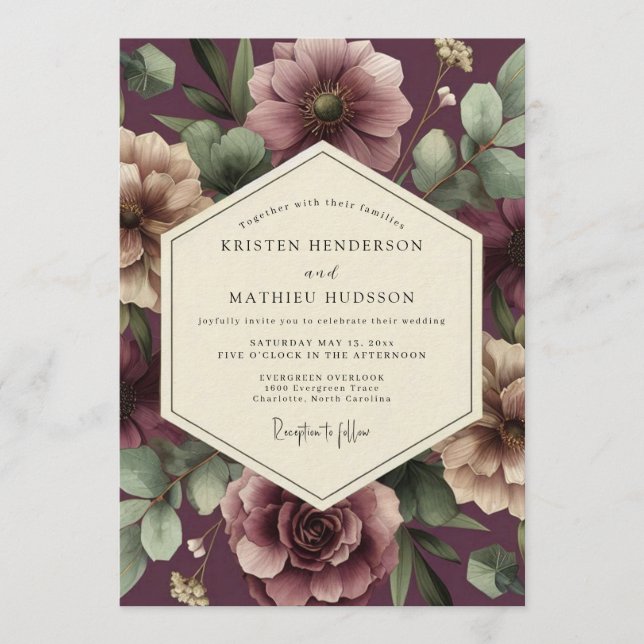 Aubergine Blush Moody Flora Wedding Invitation (Front)