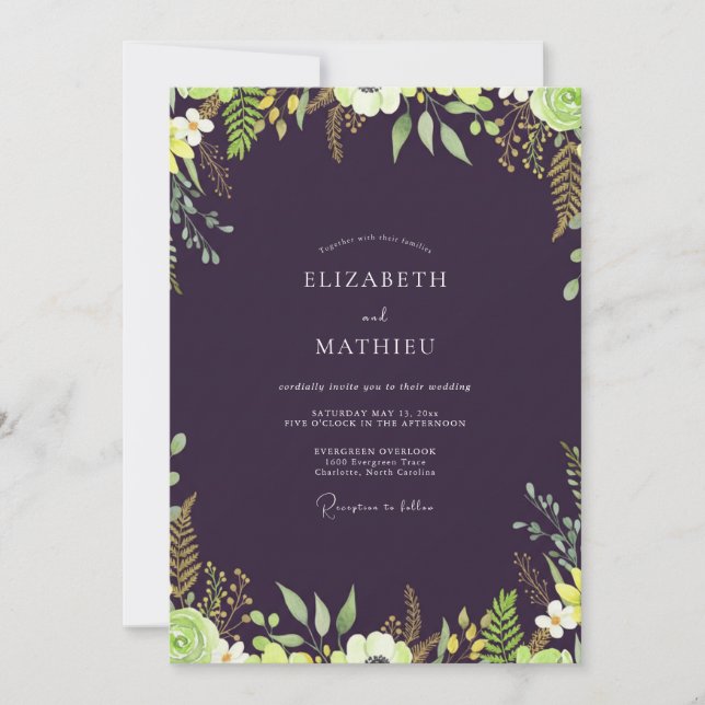 Aubergine Chartreuse Leafy Wedding Invitation (Front)