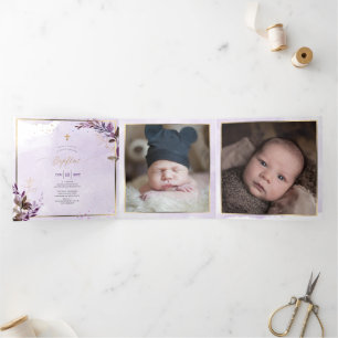 Aubergine Couronne de Feuillage Aquarelle, Bapteme Tri-Fold Invitation