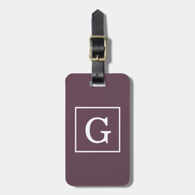 Aubergine Eggplant White Framed Initial Monogram Luggage Tag (Front Vertical)