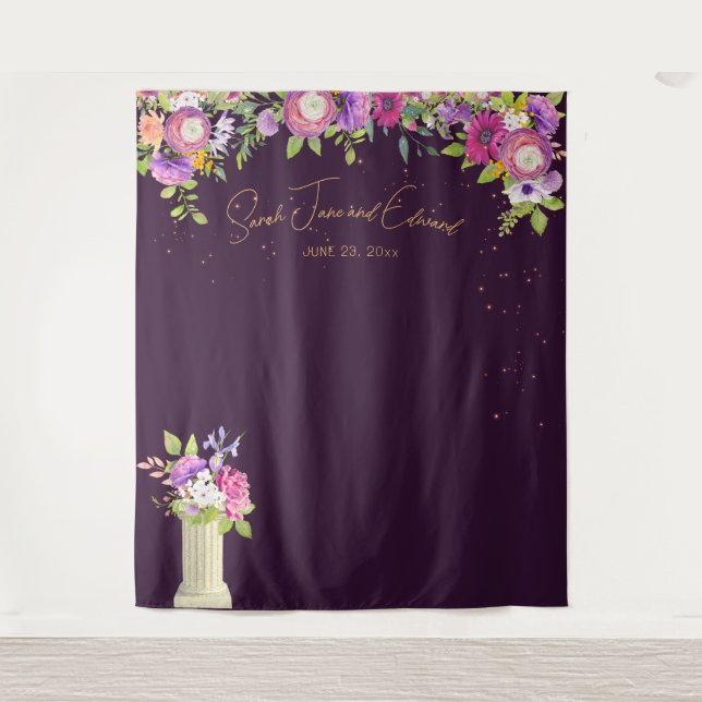 Aubergine Floral Bridal Photo Booth Backdrop Tapestry (Front)