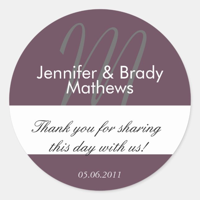 Aubergine Monogram Wedding Favour Sticker (Front)