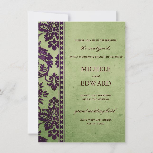 Aubergine & Olive Damask Lace Wedding Brunch Invitation (Front)
