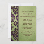 Aubergine & Olive Damask Lace Wedding Brunch Invitation<br><div class="desc">This wedding design delicately balances simplicity with complexity, a contemporary design inspired by old-fashioned floral damask. A striking and exotic damask border, reminiscent of lace, curls and sweeps in dappled, shimmering shades of aubergine purple up to a diamond-studded edge. Beyond this, against a softly textured, flecked and speckled, subtle olive...</div>