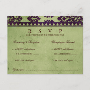 Aubergine Olive Damask Lace Wedding Double RSVP Card