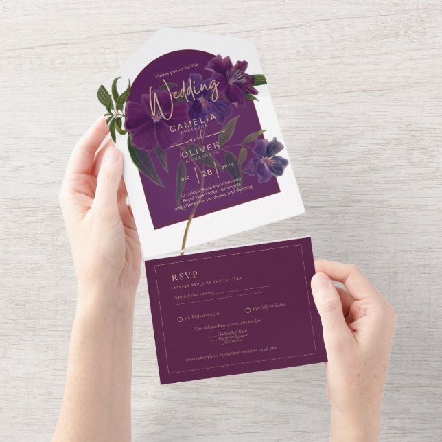 Aubergine Plum Purple Floral Forest Green Wedding All In One Invitation (Tearaway)