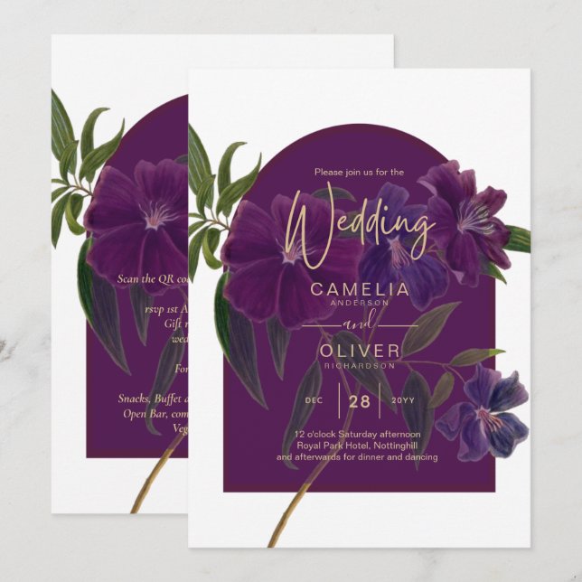 Aubergine Plum Purple Floral Forest Green Wedding Invitation (Front/Back)