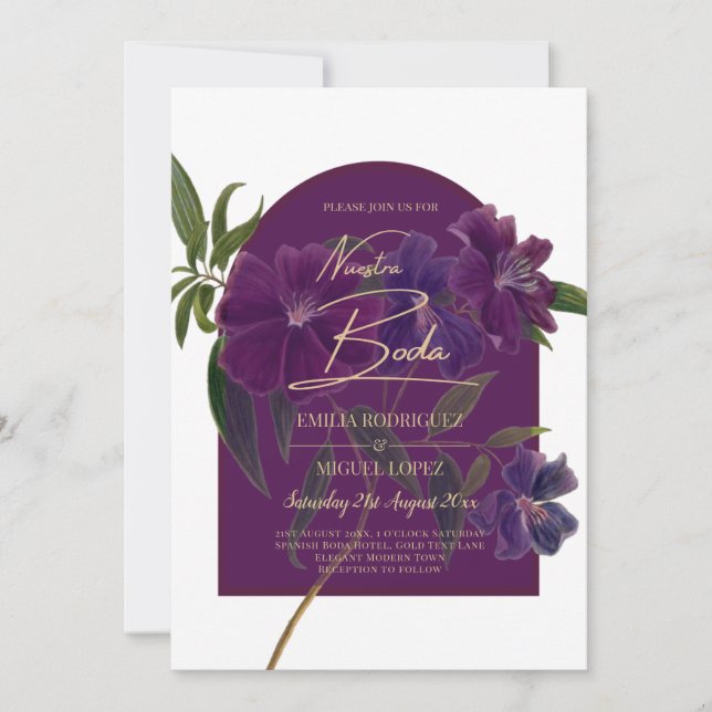 Aubergine Plum Purple Floral Forest Green Wedding Invitation (Front)