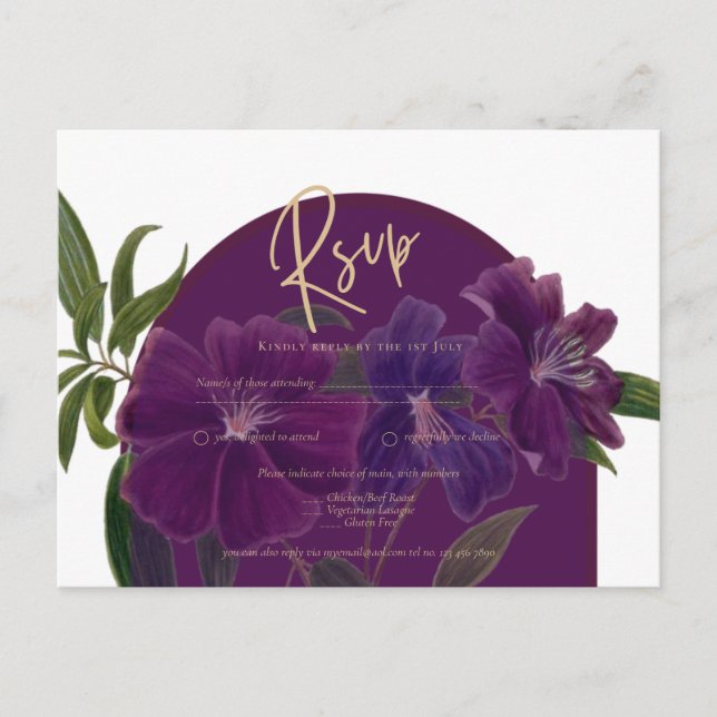 Aubergine Plum Purple Floral Forest Green Wedding Postcard (Front)