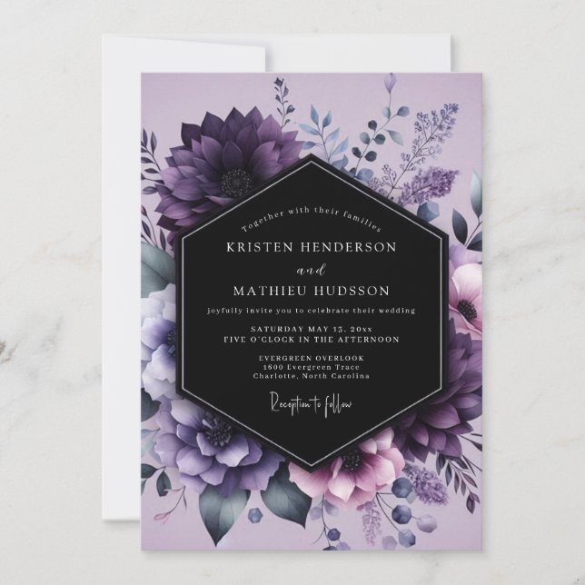 Aubergine Twilight Bloom Wedding Invitation (Front)