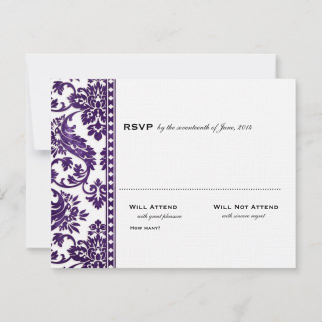 Aubergine Vintage Damask Lace Wedding RSVP (Front)