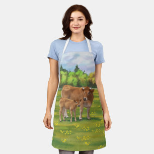 Aubrac Cow & Cute Calf in Spring Pasture Apron