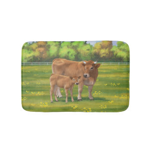 Aubrac Cow & Cute Calf in Spring Pasture Bath Mat