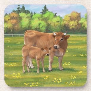 Aubrac Cow & Cute Calf in Spring Pasture Coaster