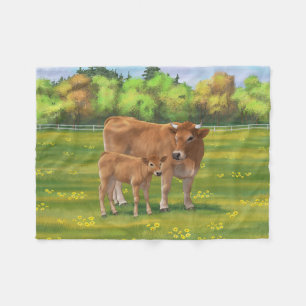 Aubrac Cow & Cute Calf in Spring Pasture Fleece Blanket