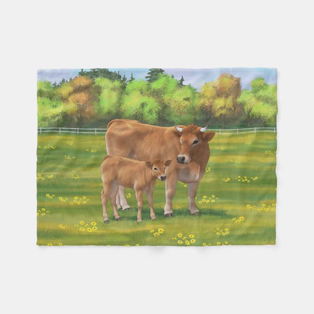 Aubrac Cow & Cute Calf in Spring Pasture Fleece Blanket (Front (Horizontal))