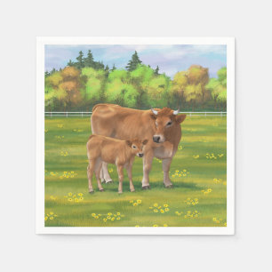 Aubrac Cow & Cute Calf in Spring Pasture Napkin