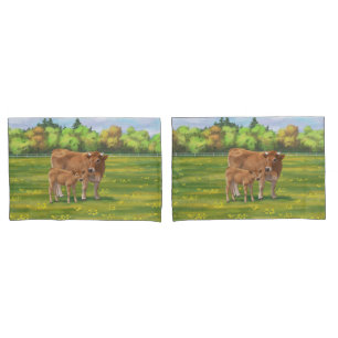 Aubrac Cow & Cute Calf in Spring Pasture Pillowcase
