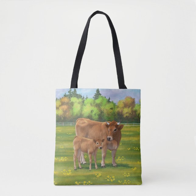 Aubrac Cow & Cute Calf in Spring Pasture Tote Bag (Front)
