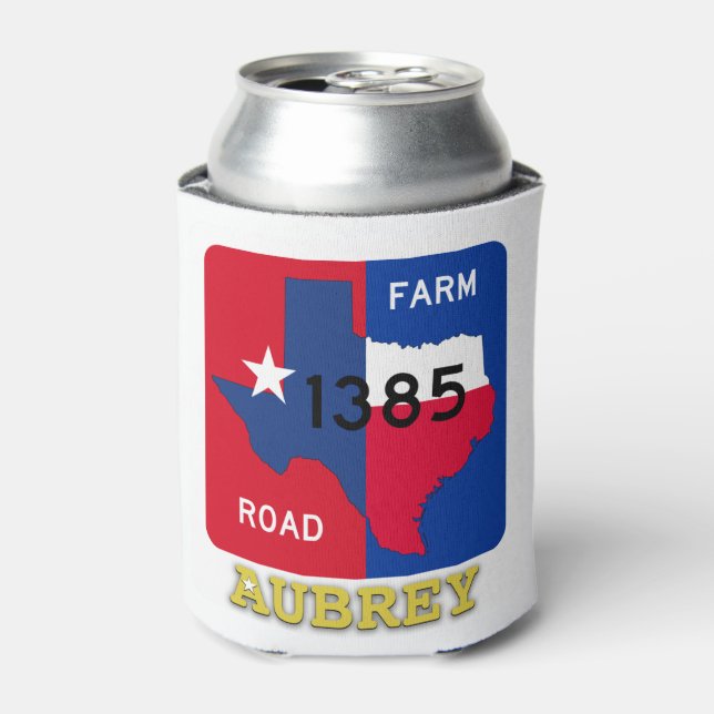 Aubrey, TX & Texas Longhorn Can Cooler (Can Front)