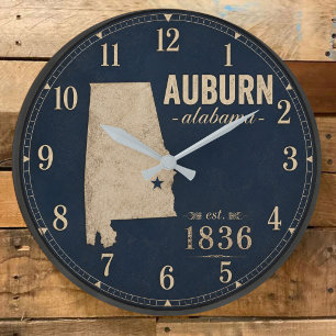 Auburn Alabama Vintage State Map Rustic Navy Blue Large Clock