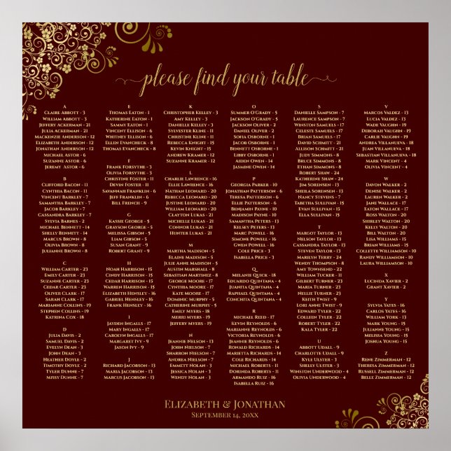 Auburn Brown and Gold Alphabetical Seating Chart (Front)