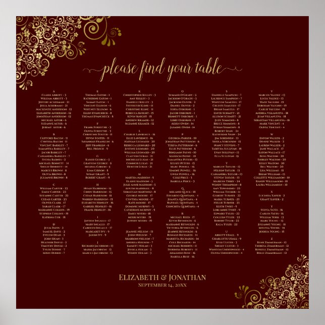 Auburn Brown and Gold Alphabetical Seating Chart (Front)