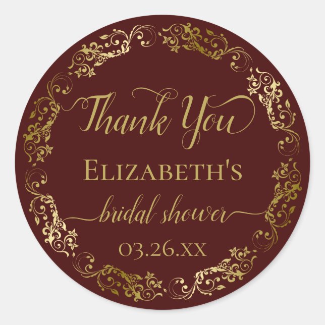 Auburn Brown & Gold Lace Bridal Shower Thank You Classic Round Sticker (Front)