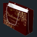 Auburn Brown & Gold Lace Elegant Bridesmaid Large Gift Bag<br><div class="desc">This beautiful gift bag is designed as a wedding gift or favour bag for Bridesmaids. It features an elegant auburn or chocolate brown and gold design with golden lace frills in the corners the text "Bridesmaid" as well as a place to enter her name, the couple's name, and the wedding...</div>