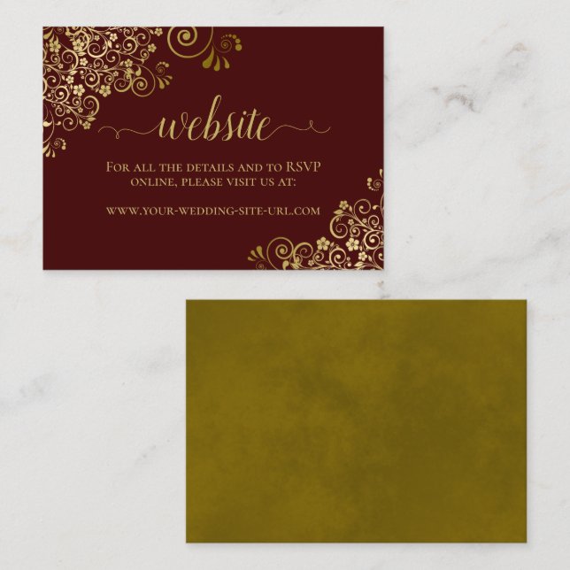 Auburn Brown & Gold Lace Wedding Website Enclosure Card (Front/Back)