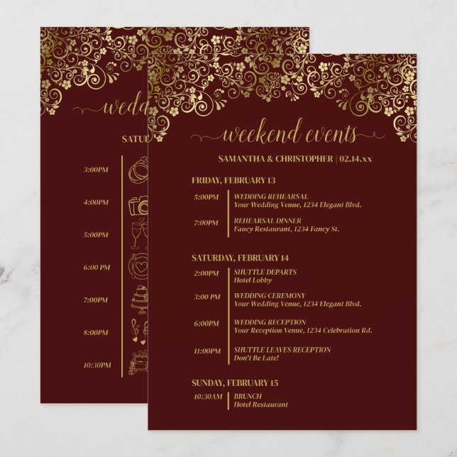 Auburn Brown & Gold Wedding Events & Timeline Programme (Front/Back)