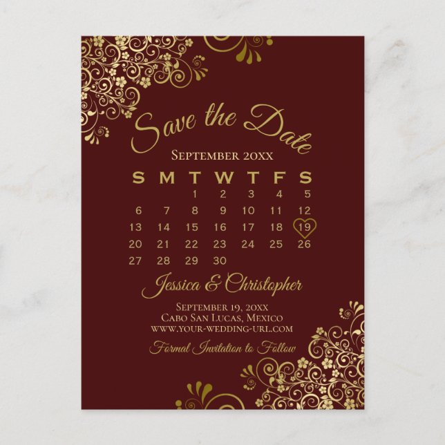 Auburn Brown Gold Wedding Save the Date Calendar Announcement Postcard (Front)