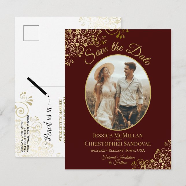 Auburn Brown & Gold Wedding Save the Date Photo Announcement Postcard (Front/Back)