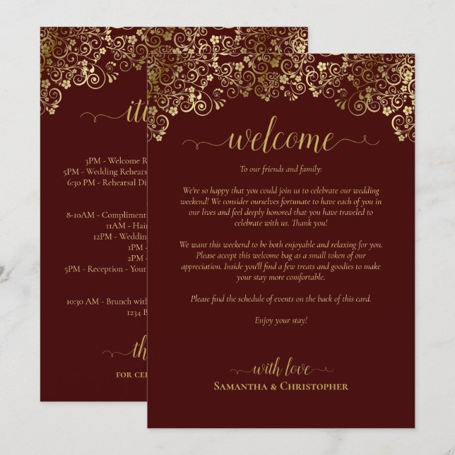Auburn Brown & Gold Wedding Welcome & Itinerary Programme (Front/Back)