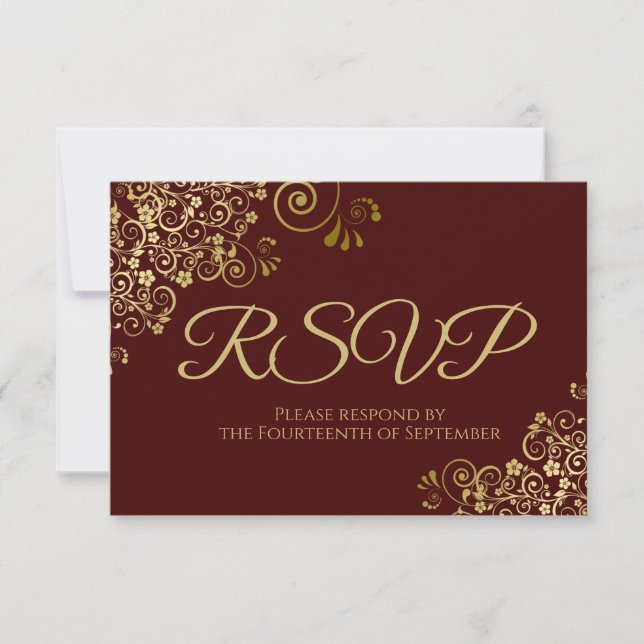 Auburn Brown with Elegant Gold Lace Wedding RSVP Card (Front)