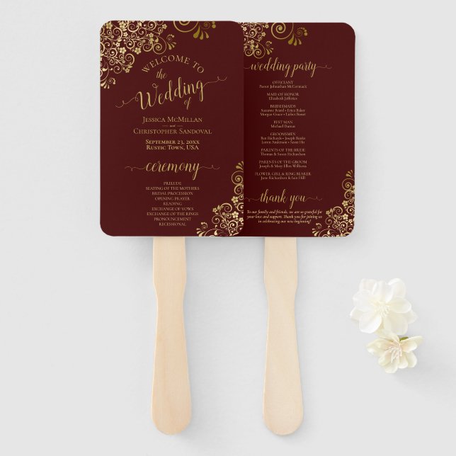 Auburn & Gold Lace Elegant Wedding Program Hand Fan (Front and Back)