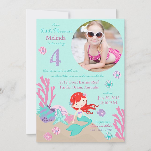 Auburn Mermaid Fourth Birthday Invitation (Front)