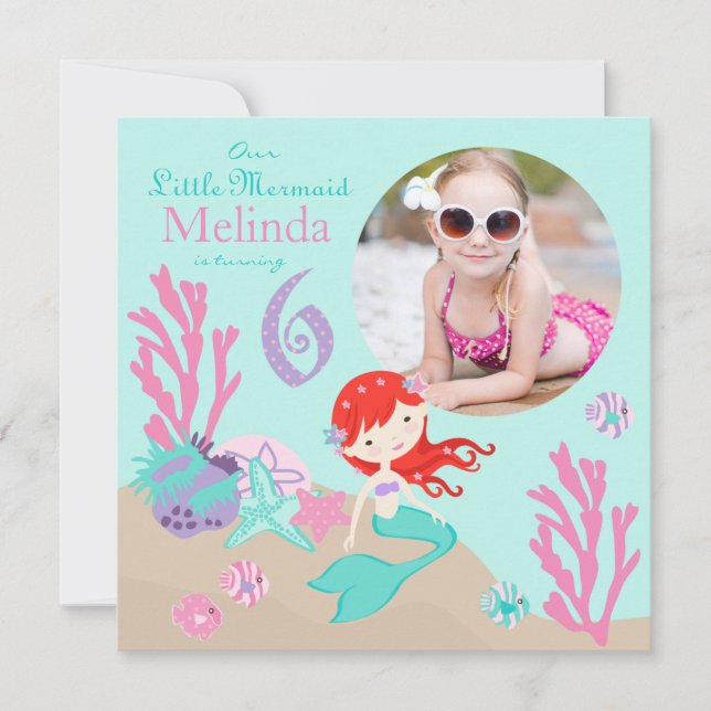 Auburn Mermaid Sixth Birthday Invitation (Front)