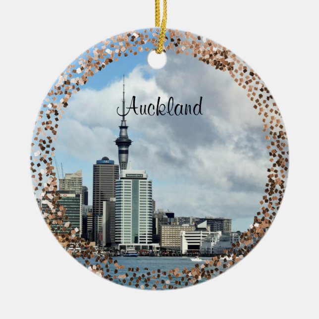 Auckland Cityscape, labeled, Ceramic Tree Decoration (Front)